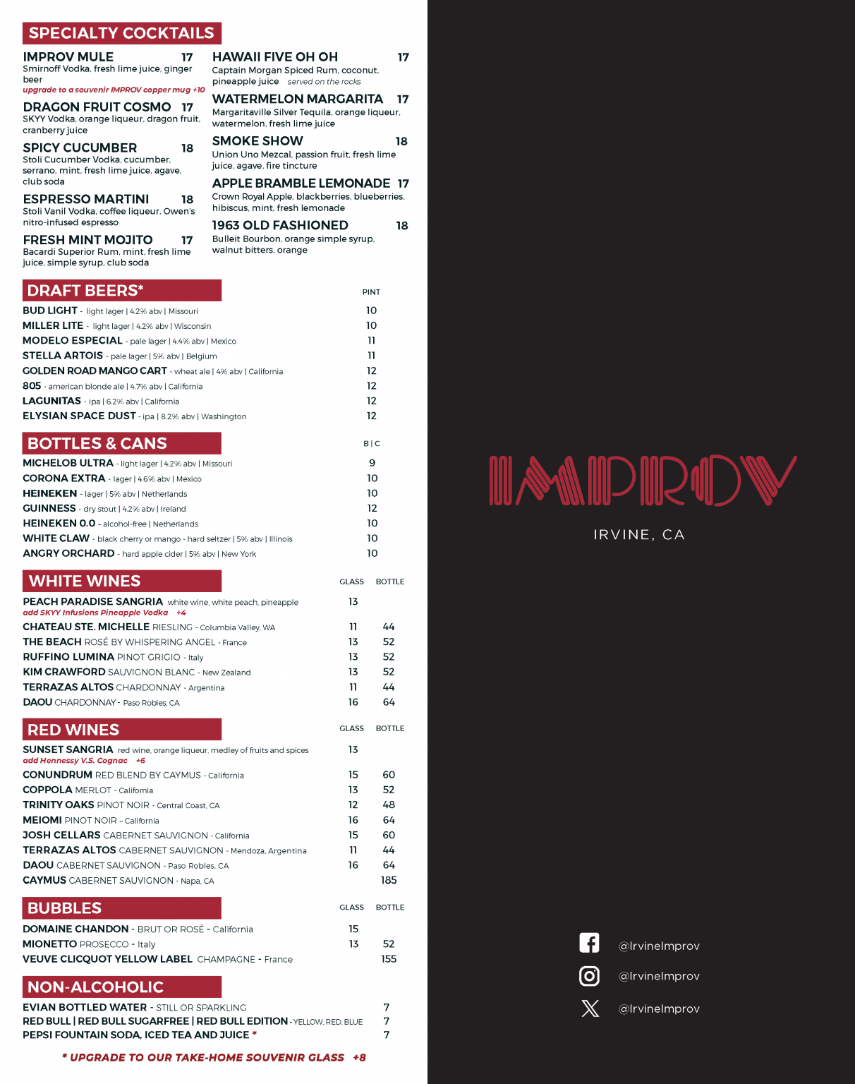 Irvine Improv Food and Drink Menu