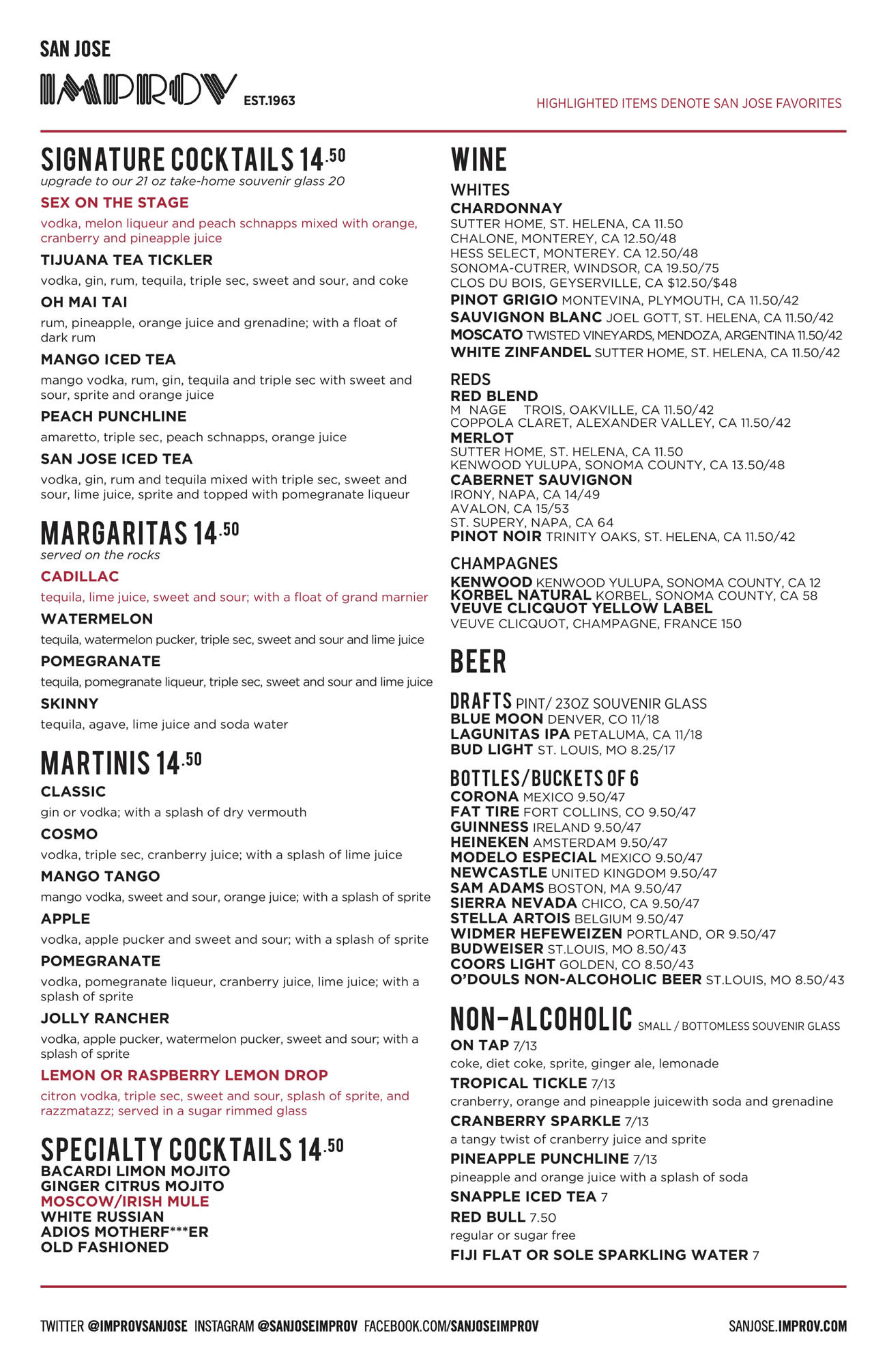 San Jose Improv Food and Beverage Menus