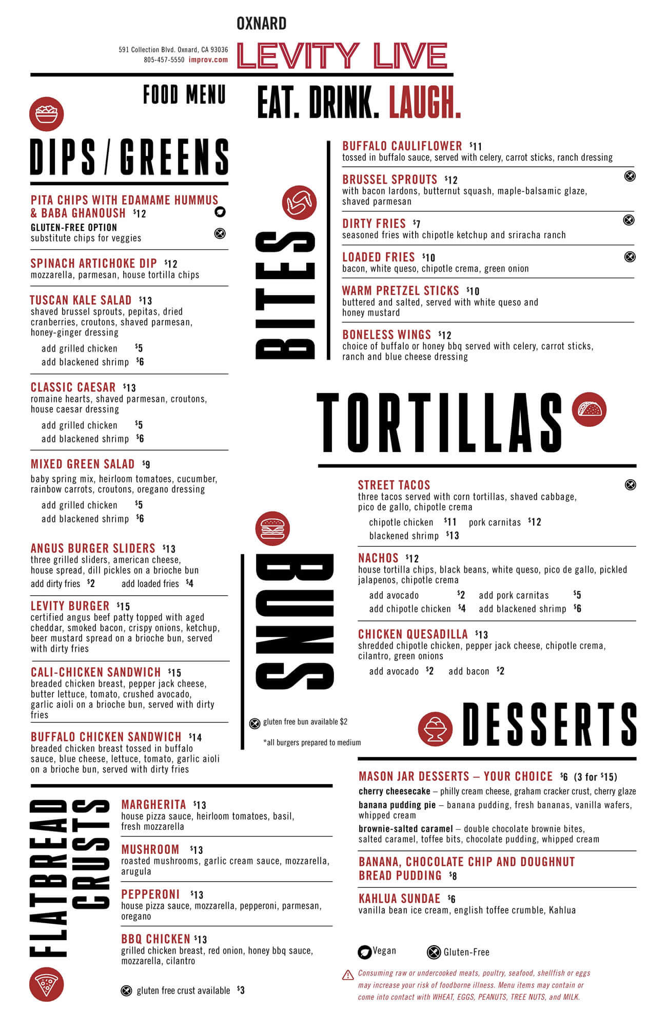 Oxnard Levity Live food and drink menus