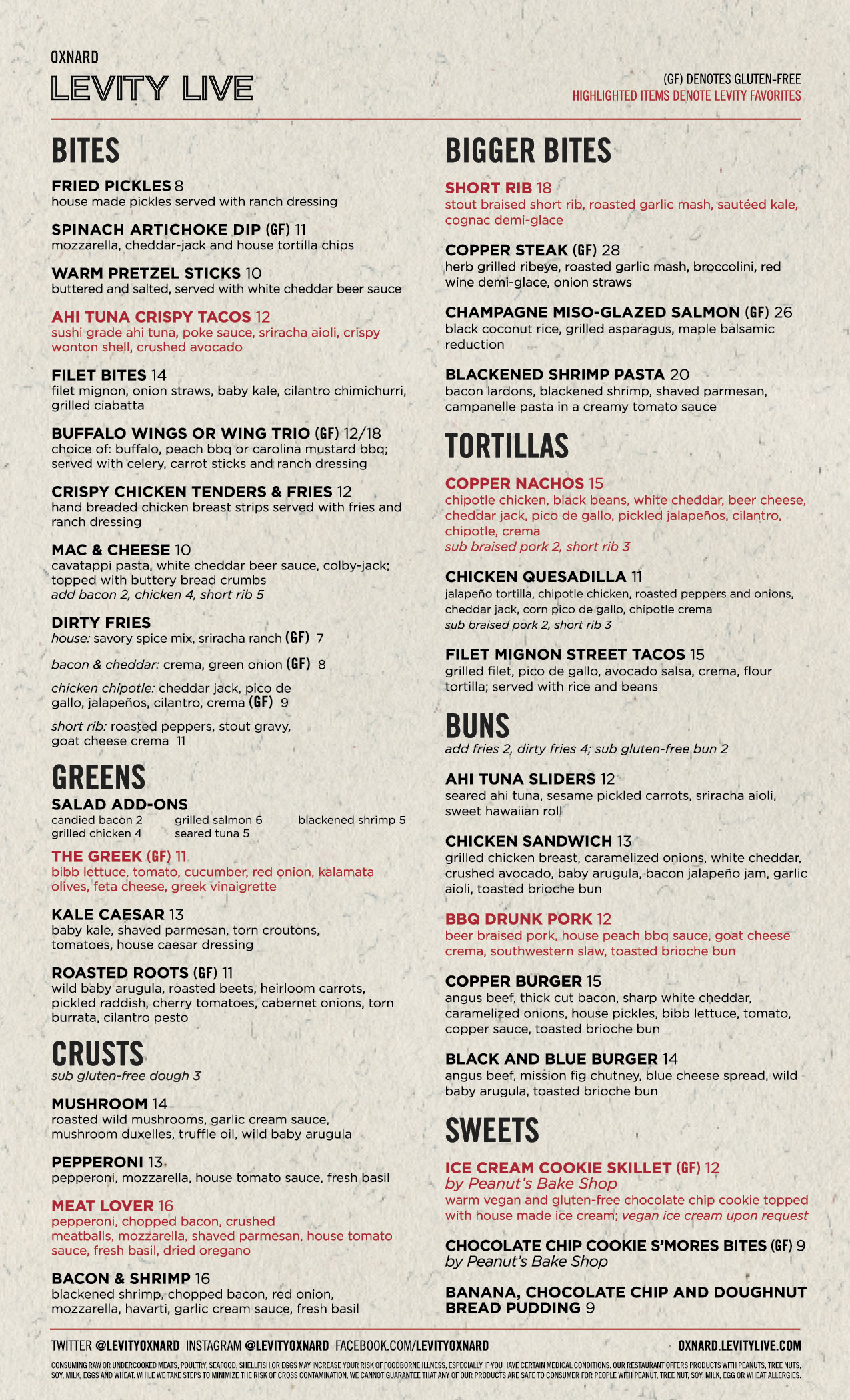 Oxnard Levity Live food and drink menus