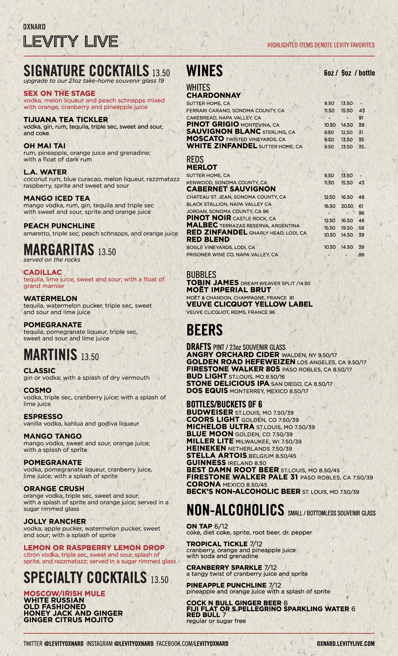 Oxnard Levity Live food and drink menus