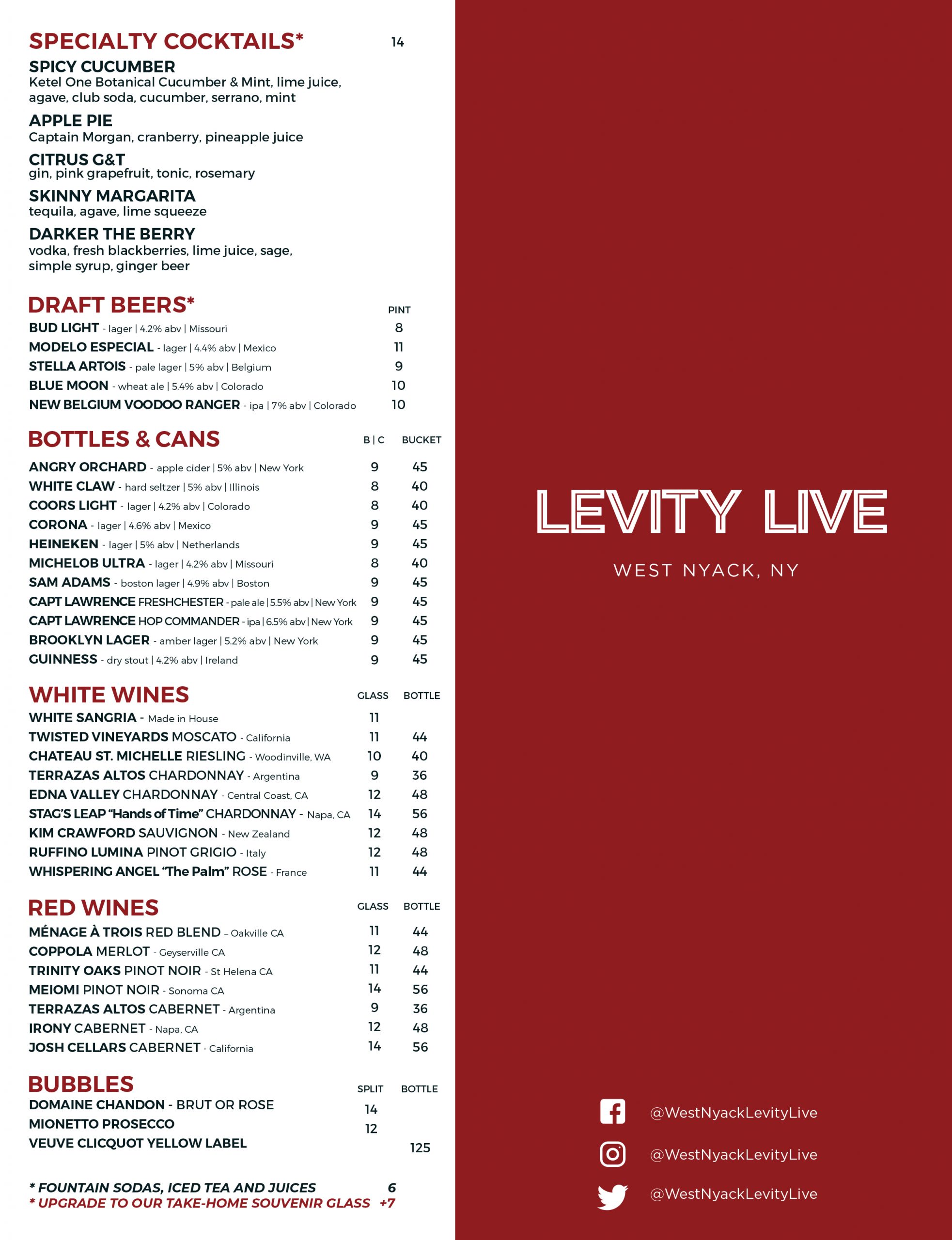 New York Levity Live Drinks Menu