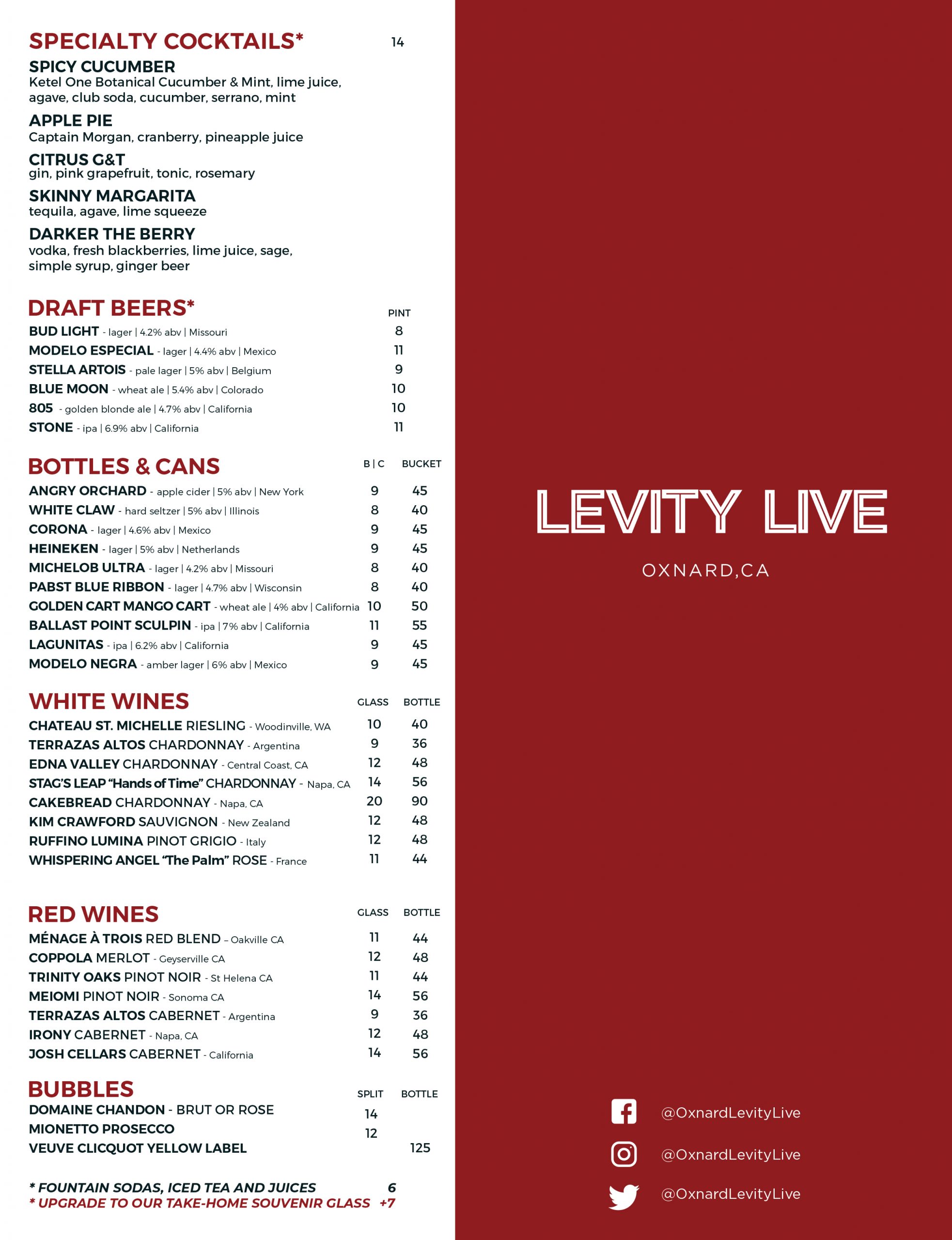 Oxnard Levity Live Drinks Menu