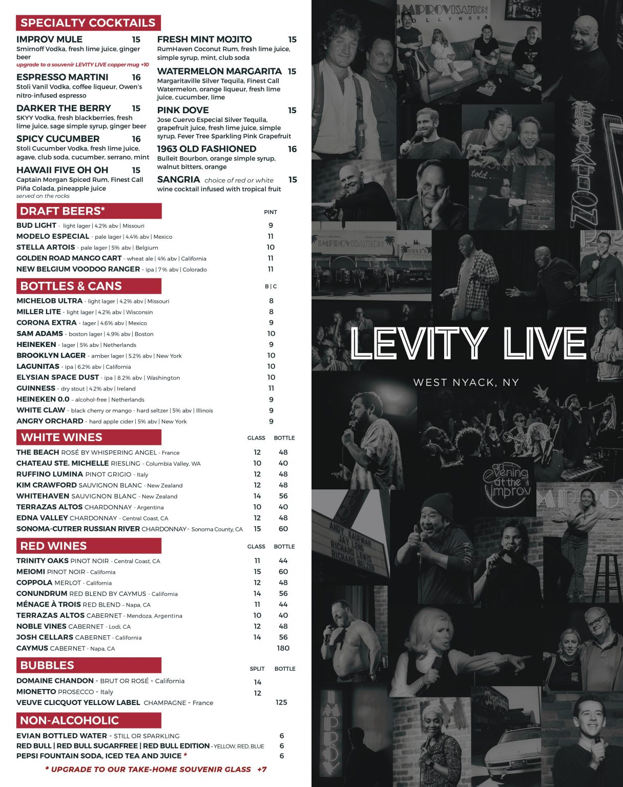 West Nyack Levity Live Food and Beverage Menus