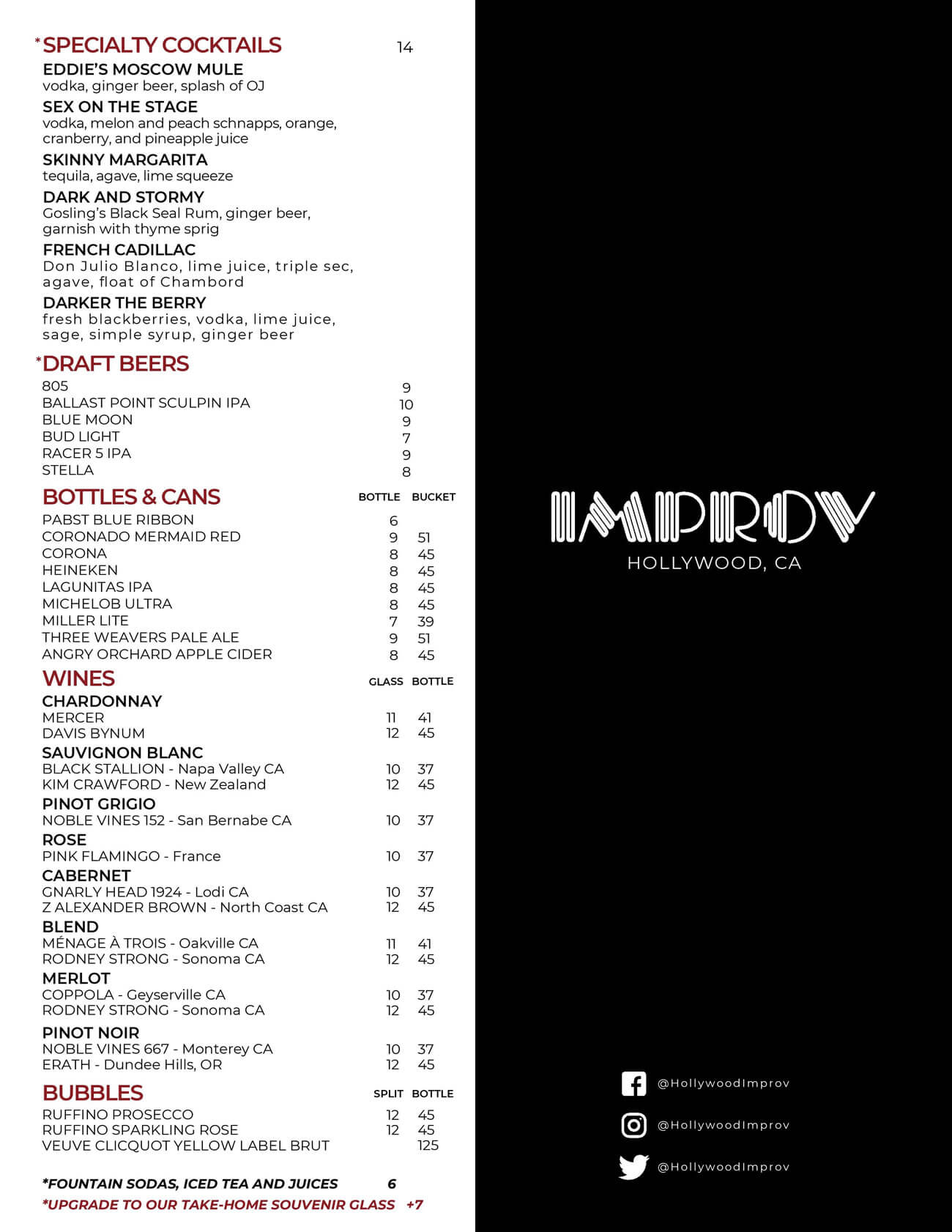 Hollywood Improv Food and Drink Menus