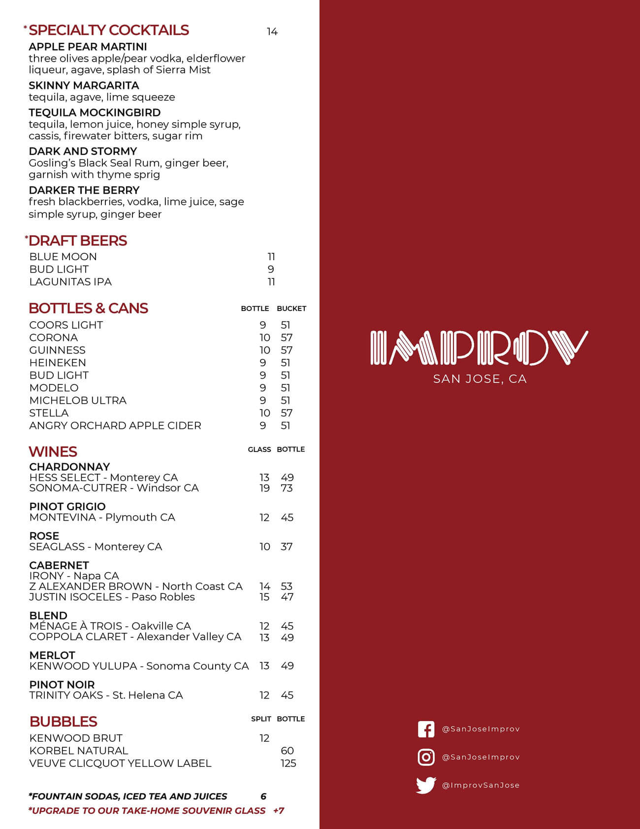 San Jose Improv Food and Beverage Menus