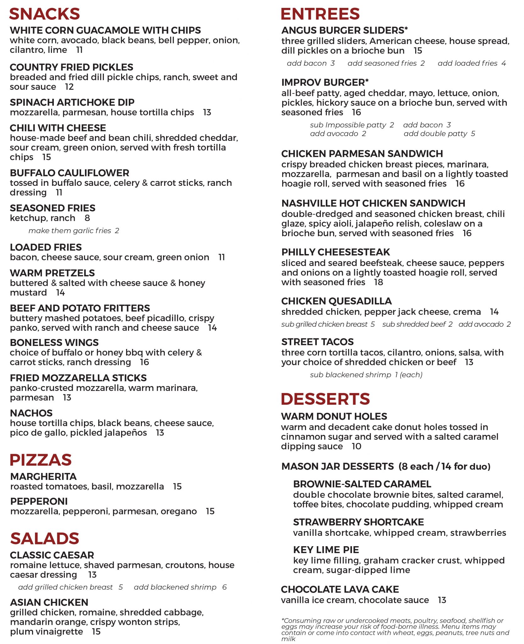 Hollywood Improv Food and Drink Menus