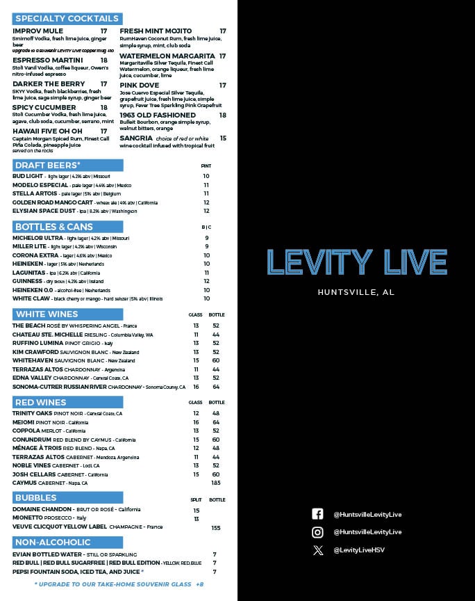 Huntsville Levity Live Drink Menu