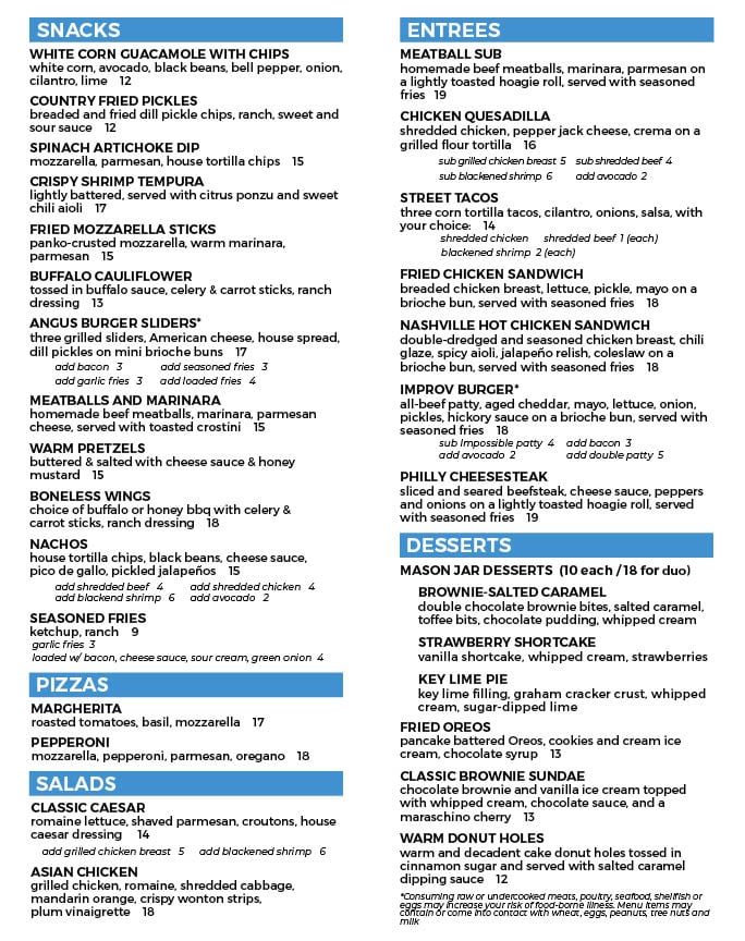 Huntsville Levity Live Food Menu