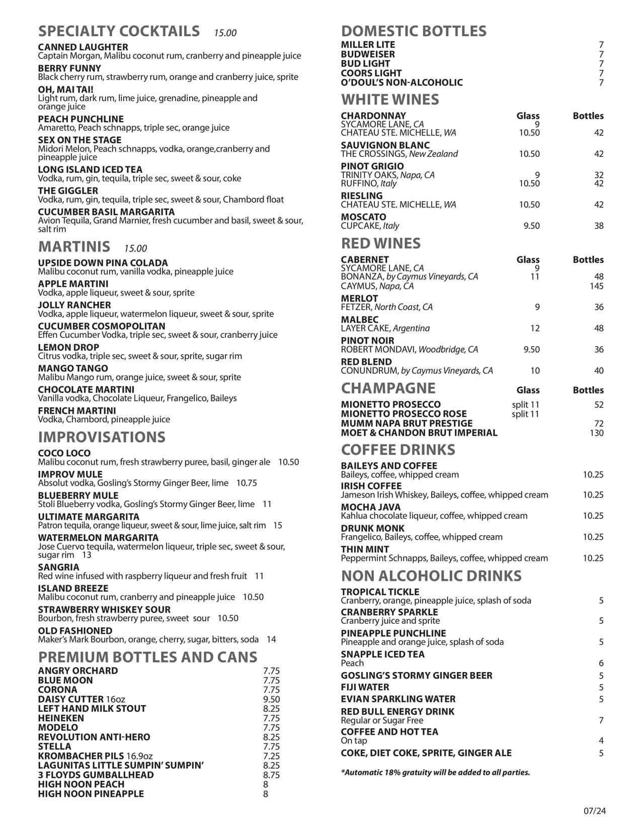 Chicago Improv Drinks Menu