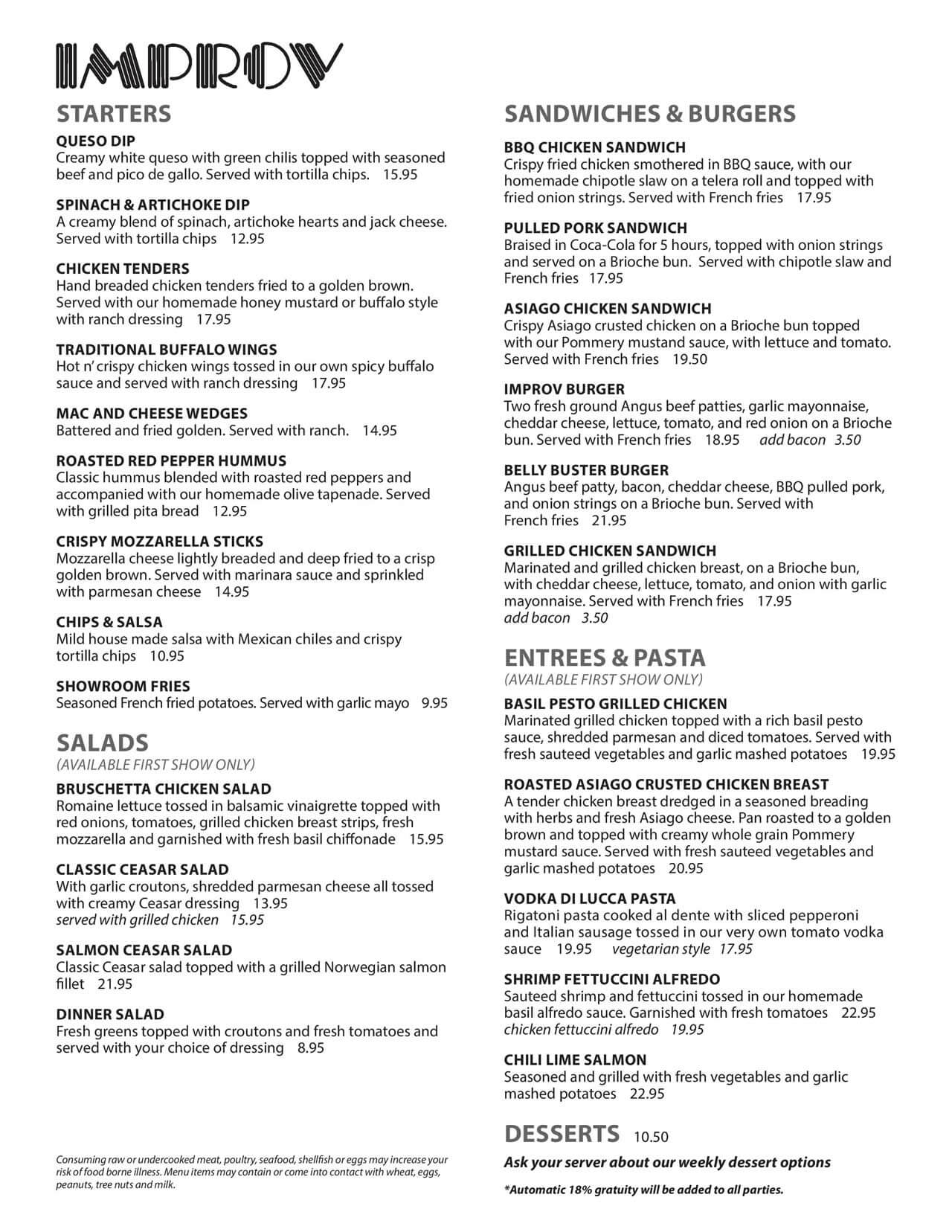 Chicago Improv Food Menu