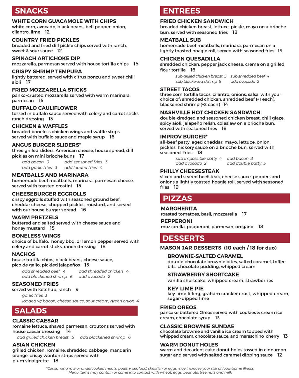 Chicago Improv Food Menu