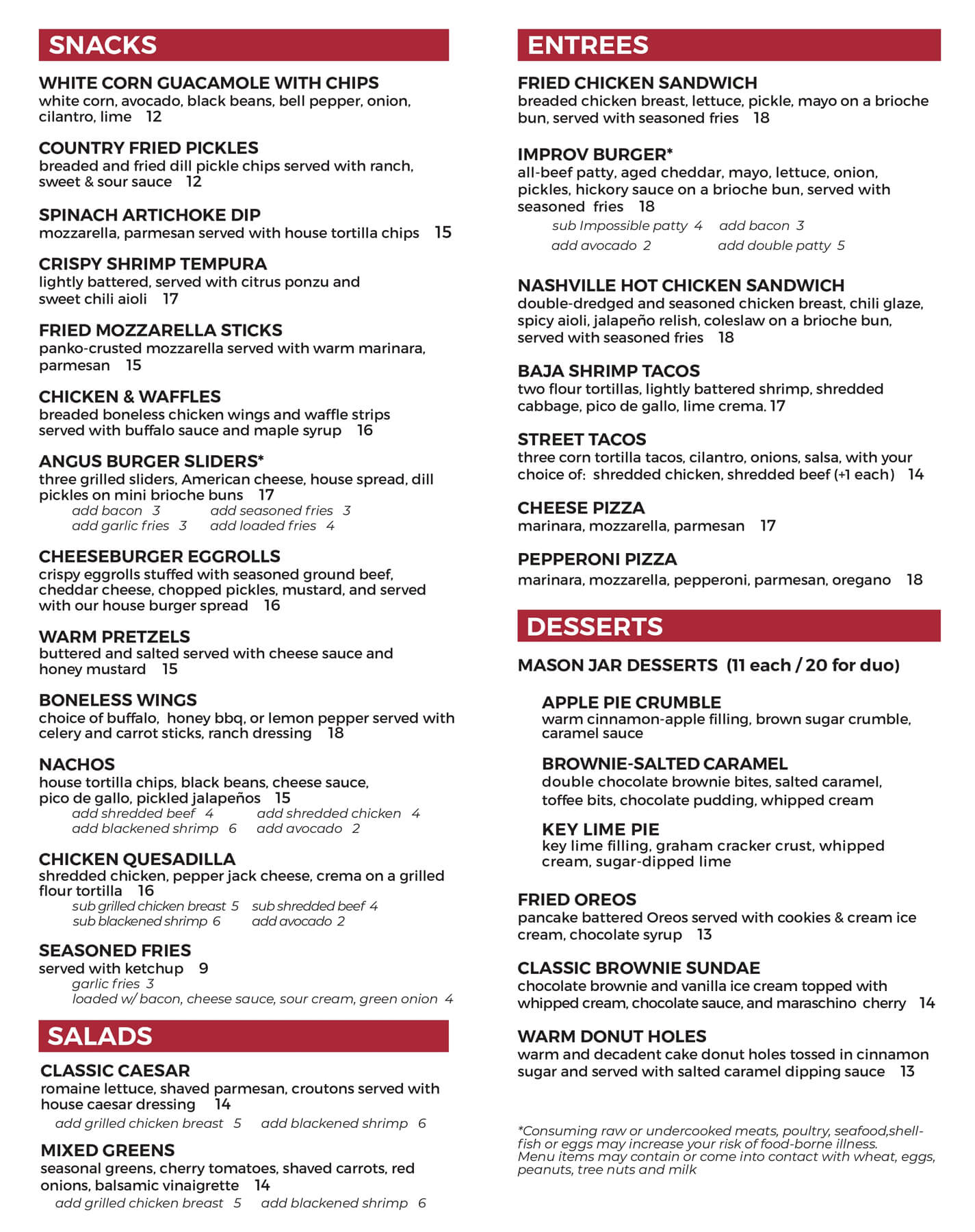Chicago Improv Food Menu