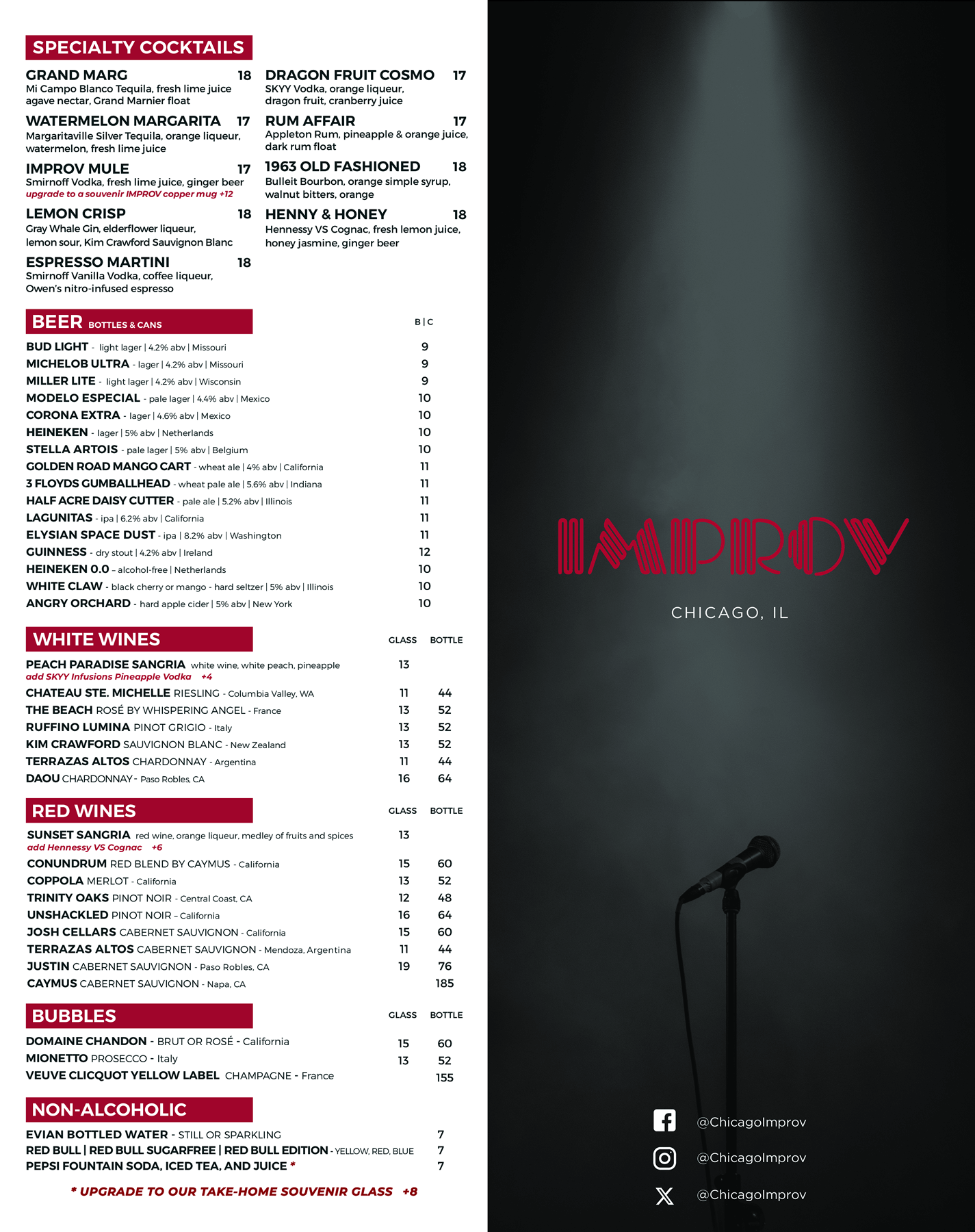 Chicago Improv Drinks Menu