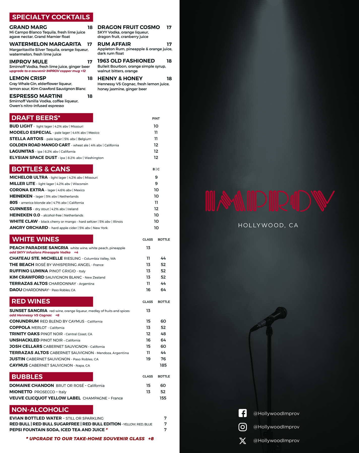 Hollywood Improv Drinks Menu