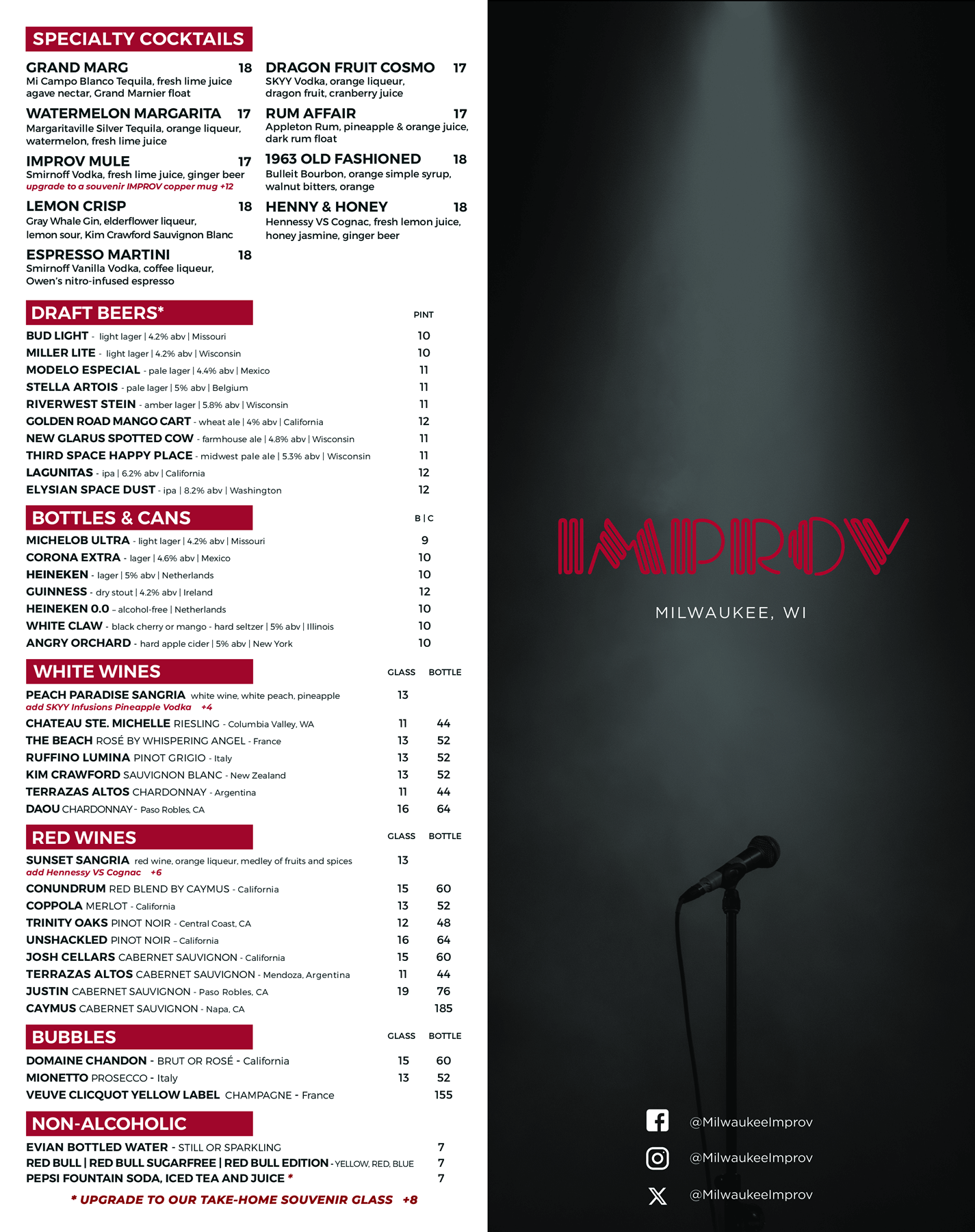 Milwaukee Improv Drinks Menu