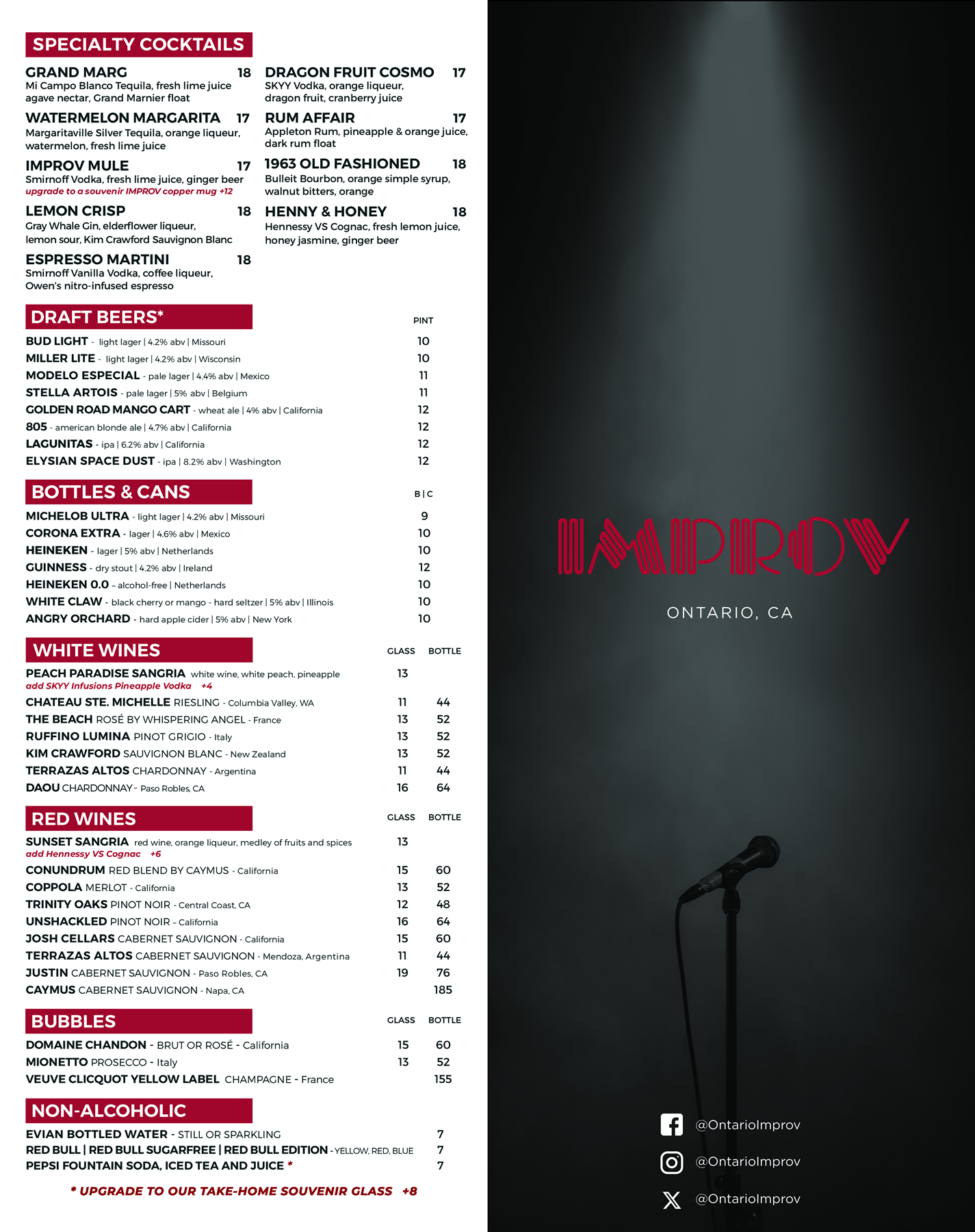 Ontario Improv Food Drinks Menu