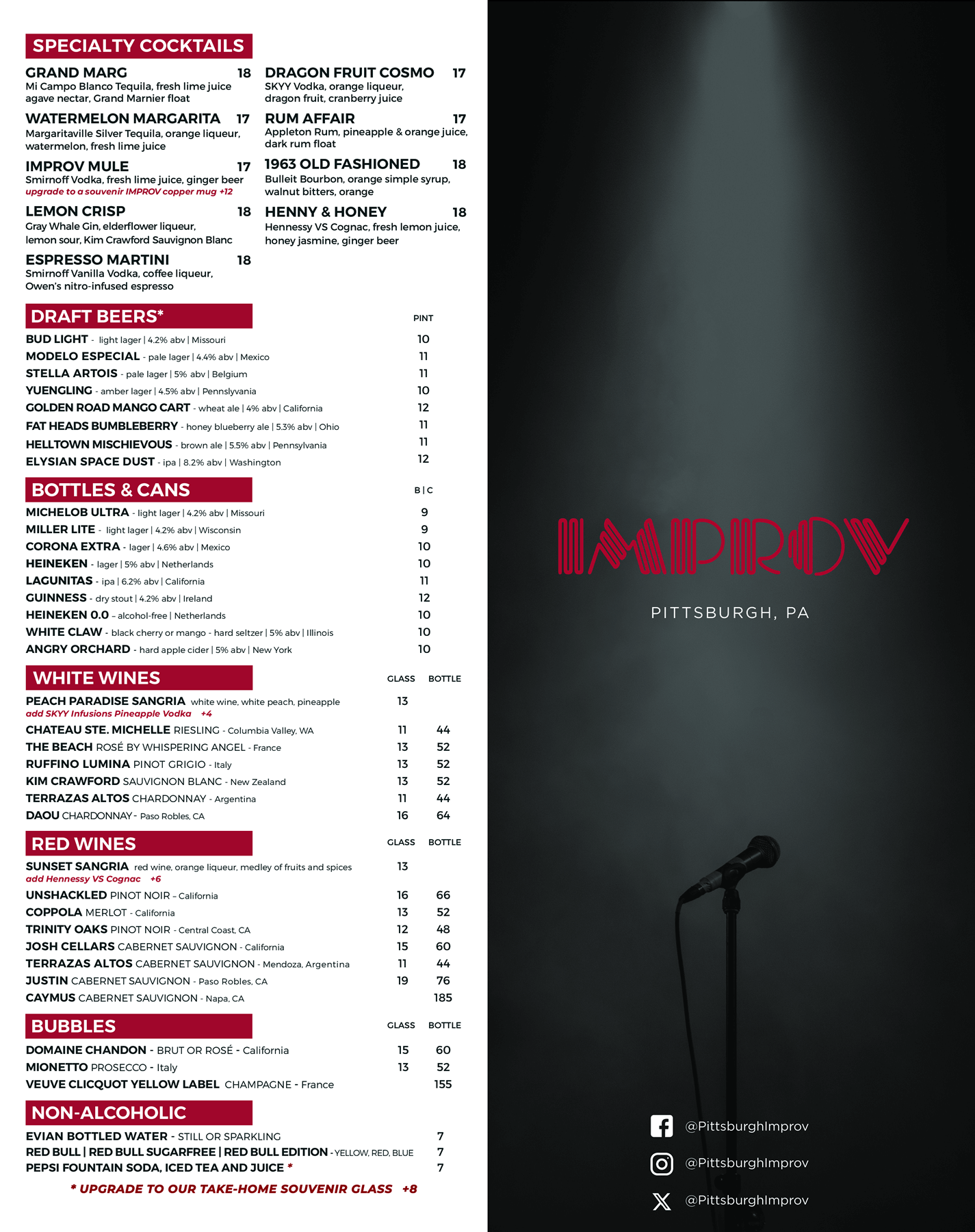 Pittsburgh Improv Drinks Menu