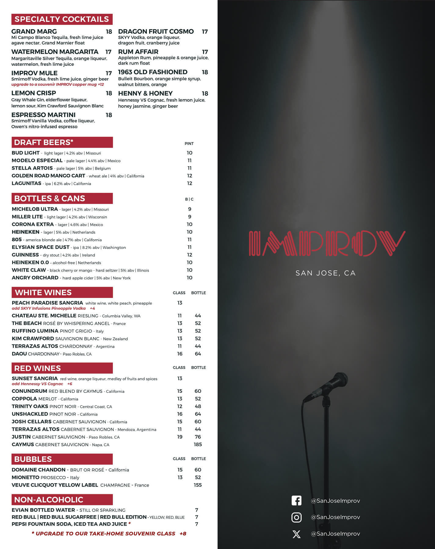 San Jose Improv Drinks Menu
