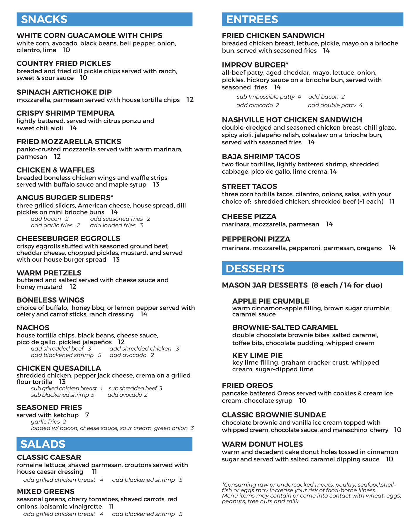 Huntsville Levity Live Food Menu
