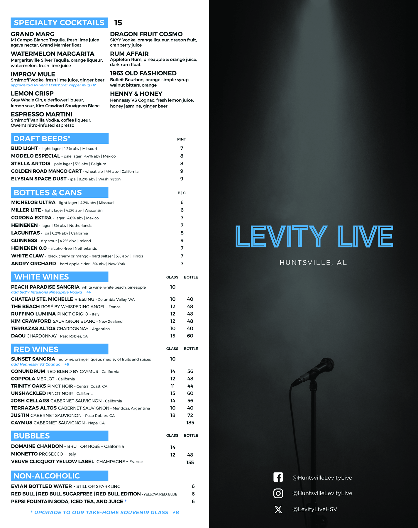 Huntsville Levity Live Drinks Menu
