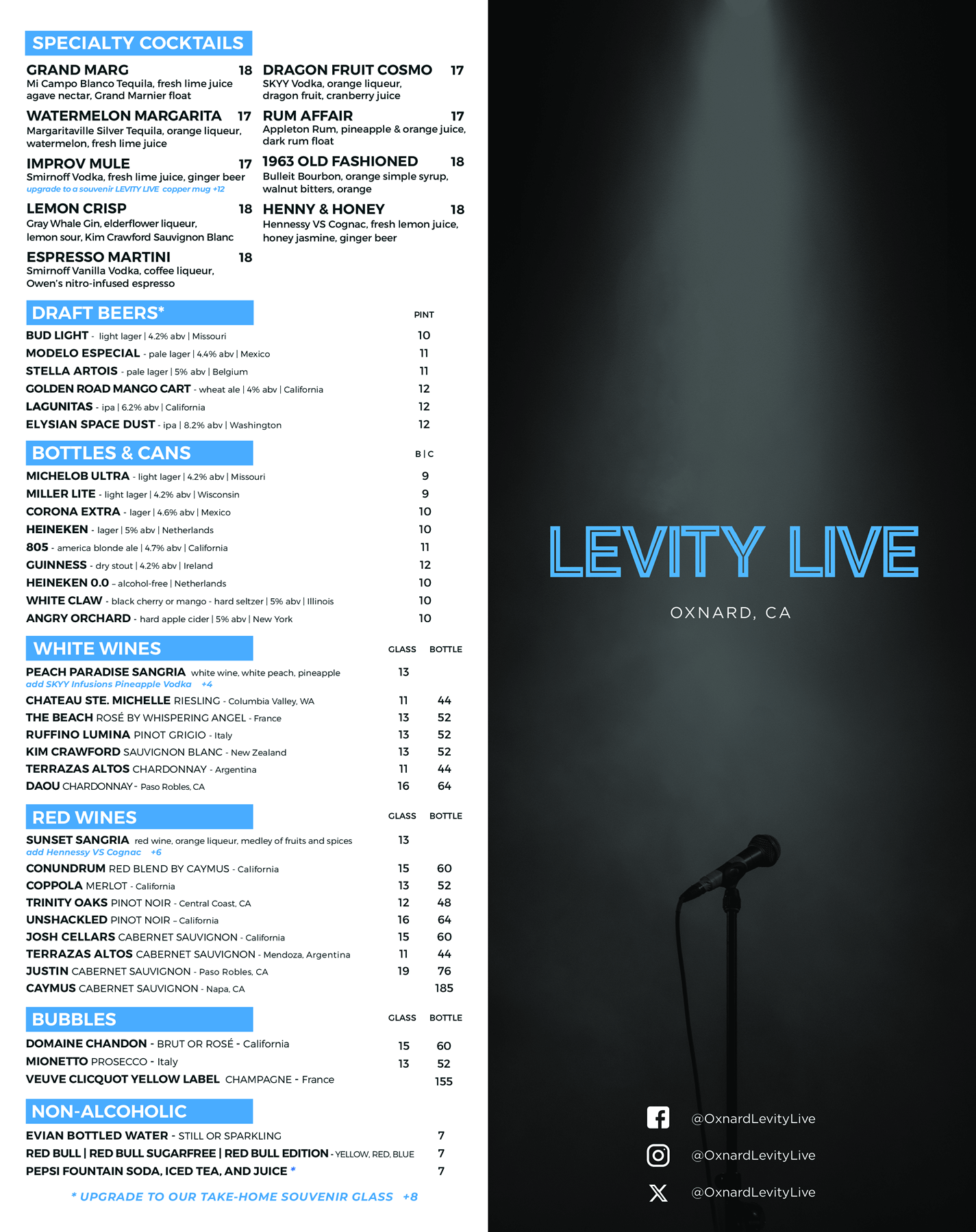 Oxnard Levity Live Drinks Menu