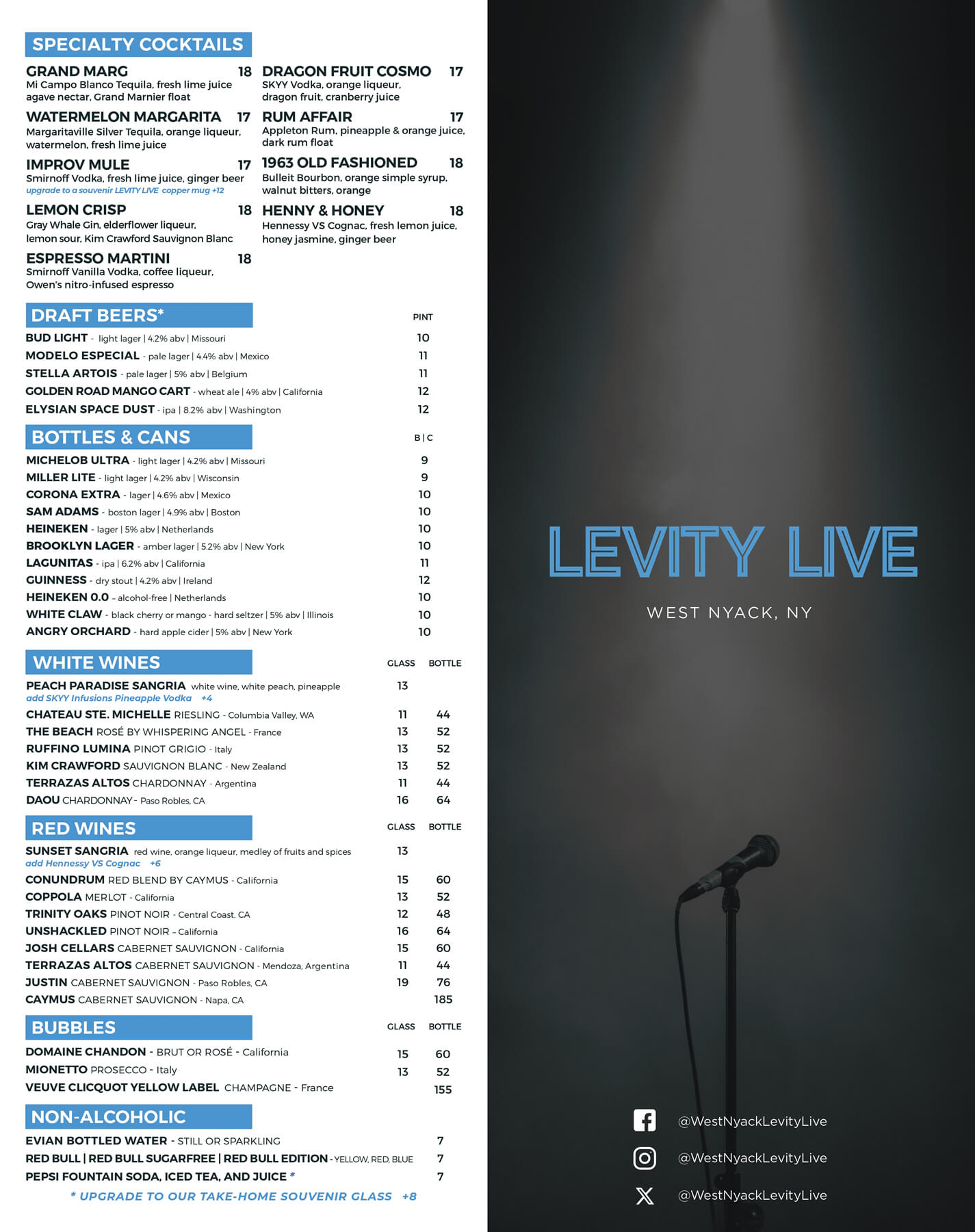 Nyack Levity Live Drinks Menu