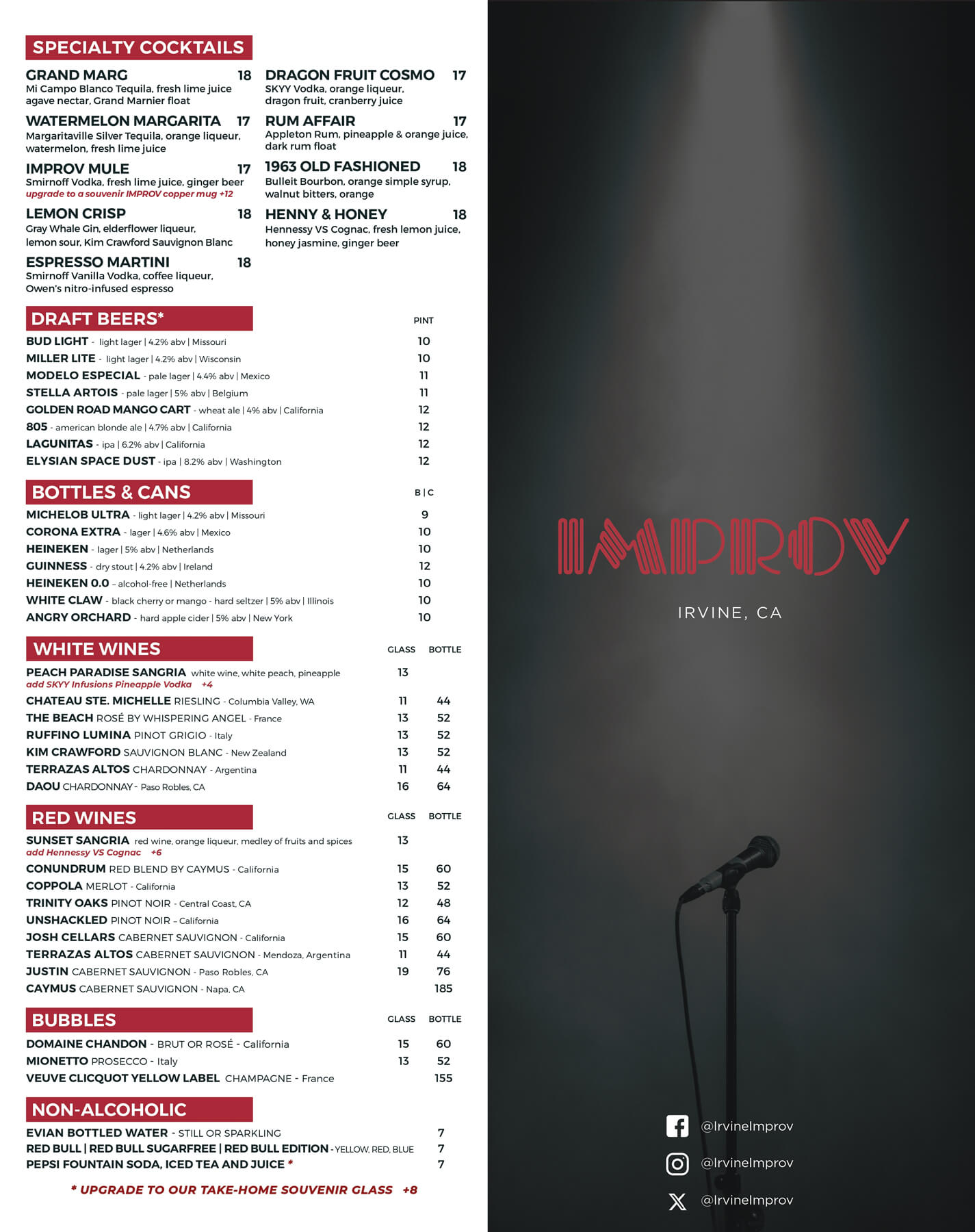 Irvine Improv Drinks Menu