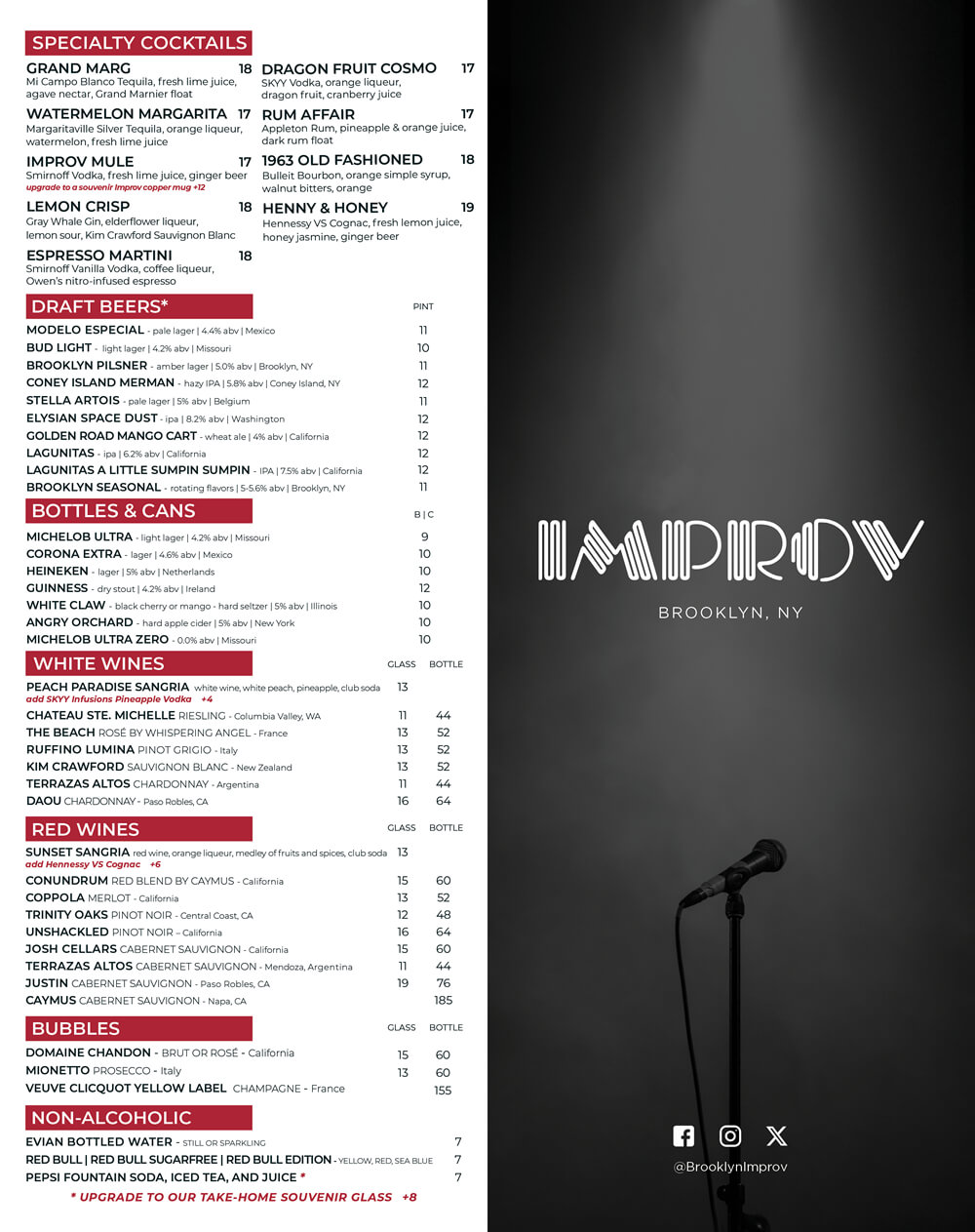 Brooklyn Improv Drinks Menu