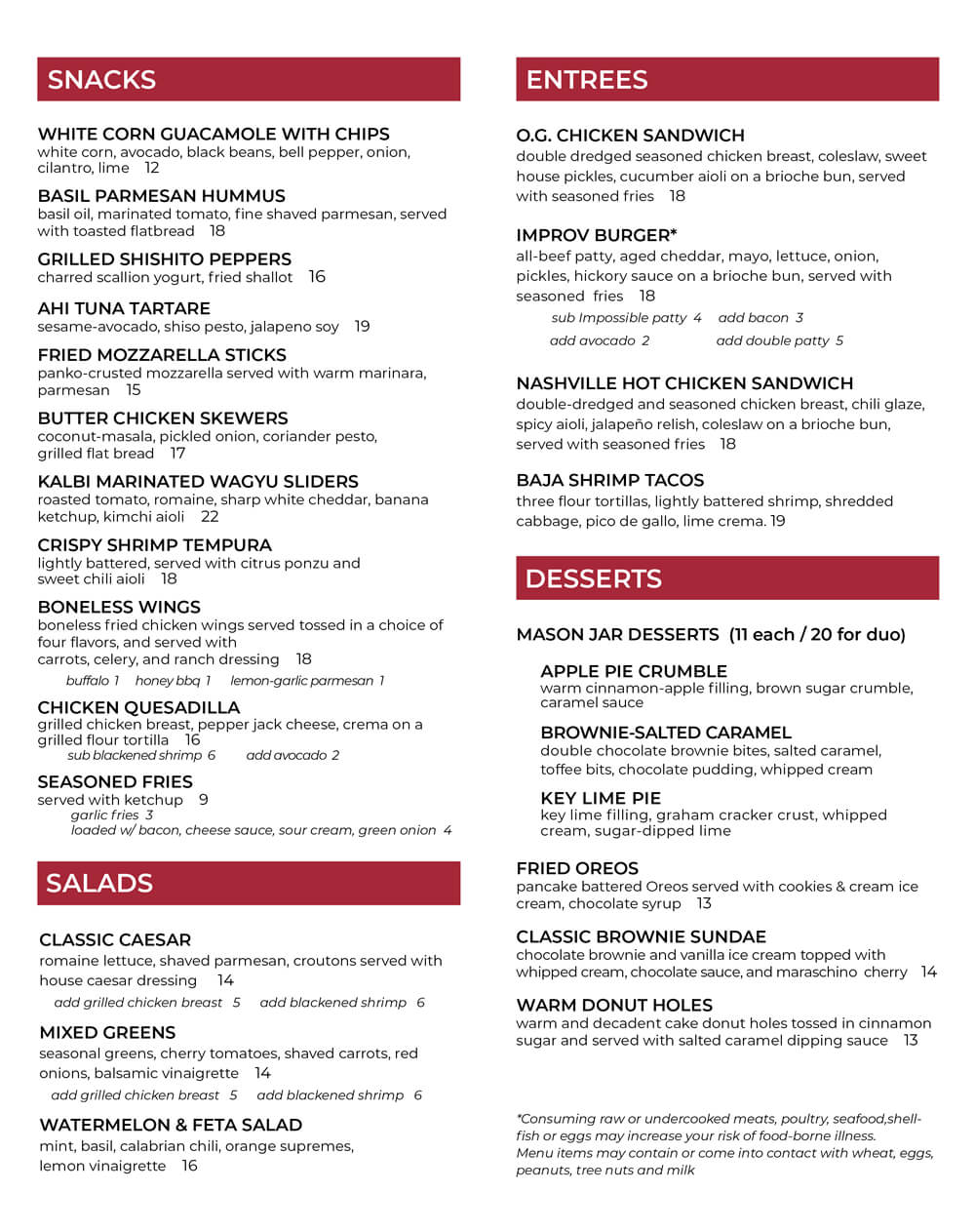 Brooklyn Improv Food Menu