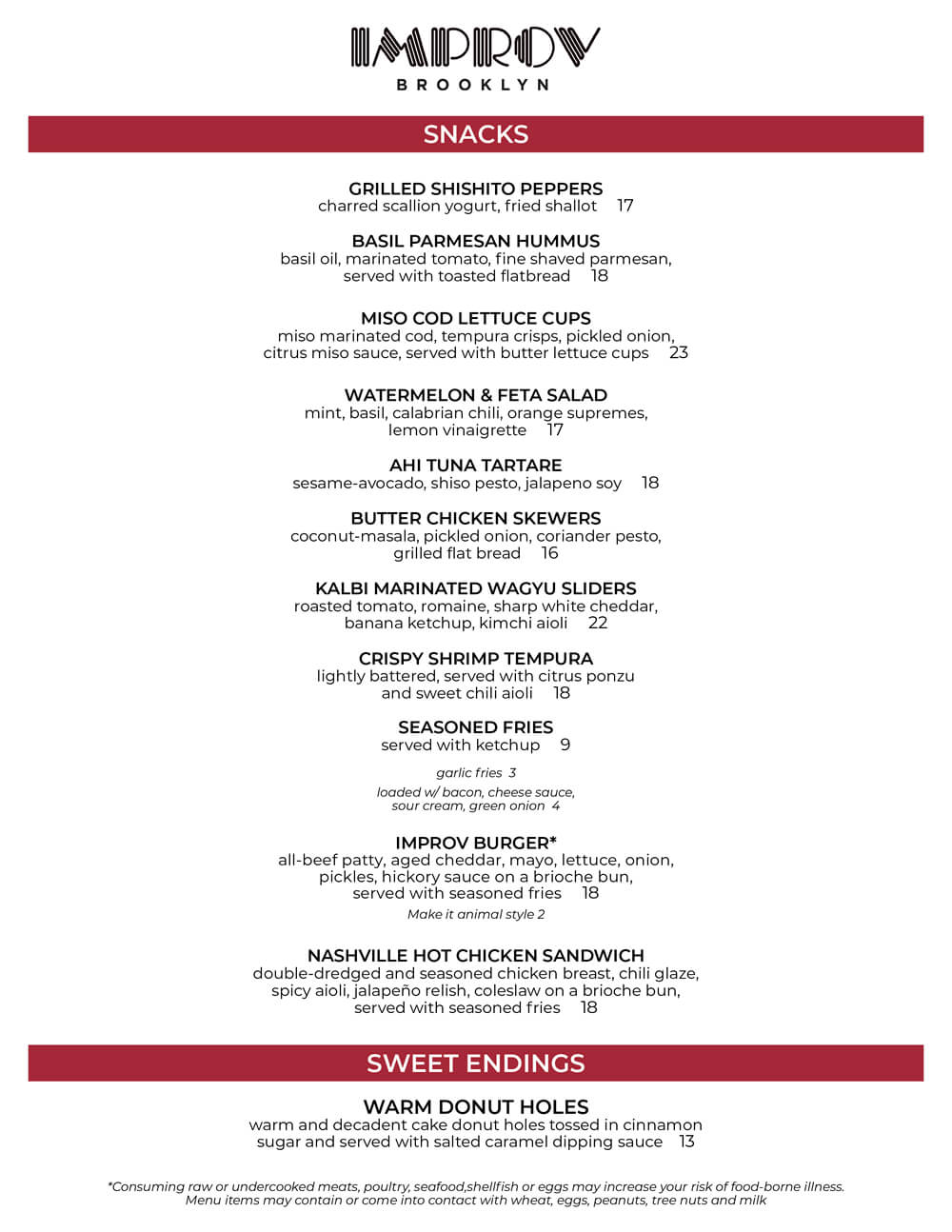 Brooklyn Improv Lounge Menu