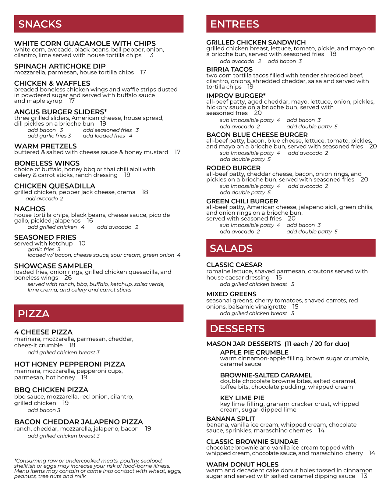 Corona Improv Food Menu