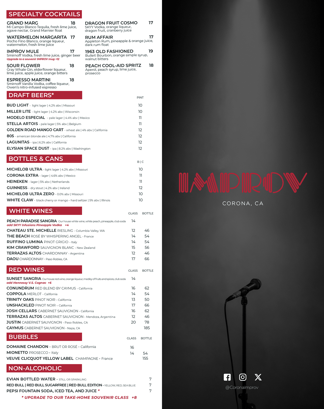 Corona Improv Drinks Menu