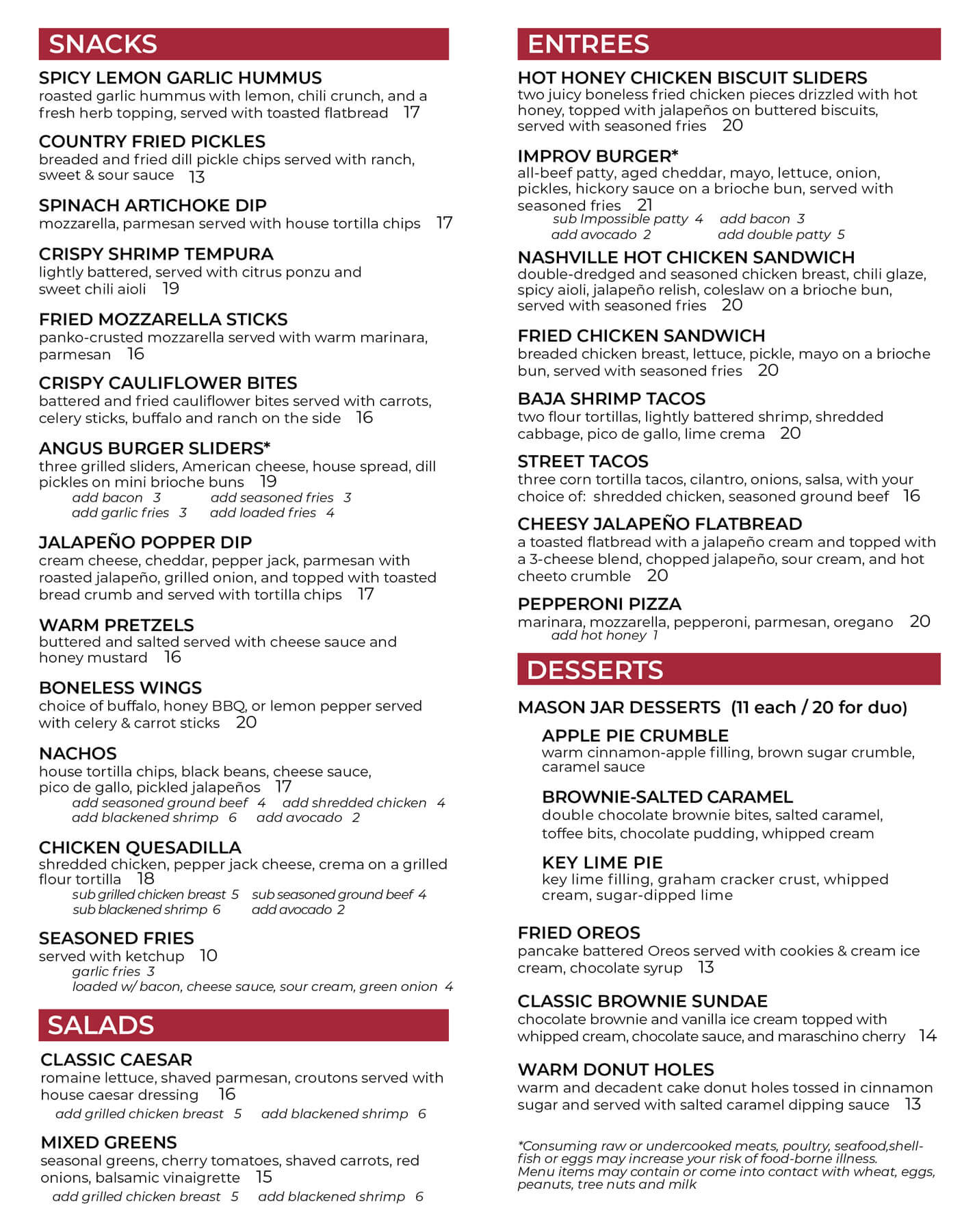 Ontario Improv Food Menu