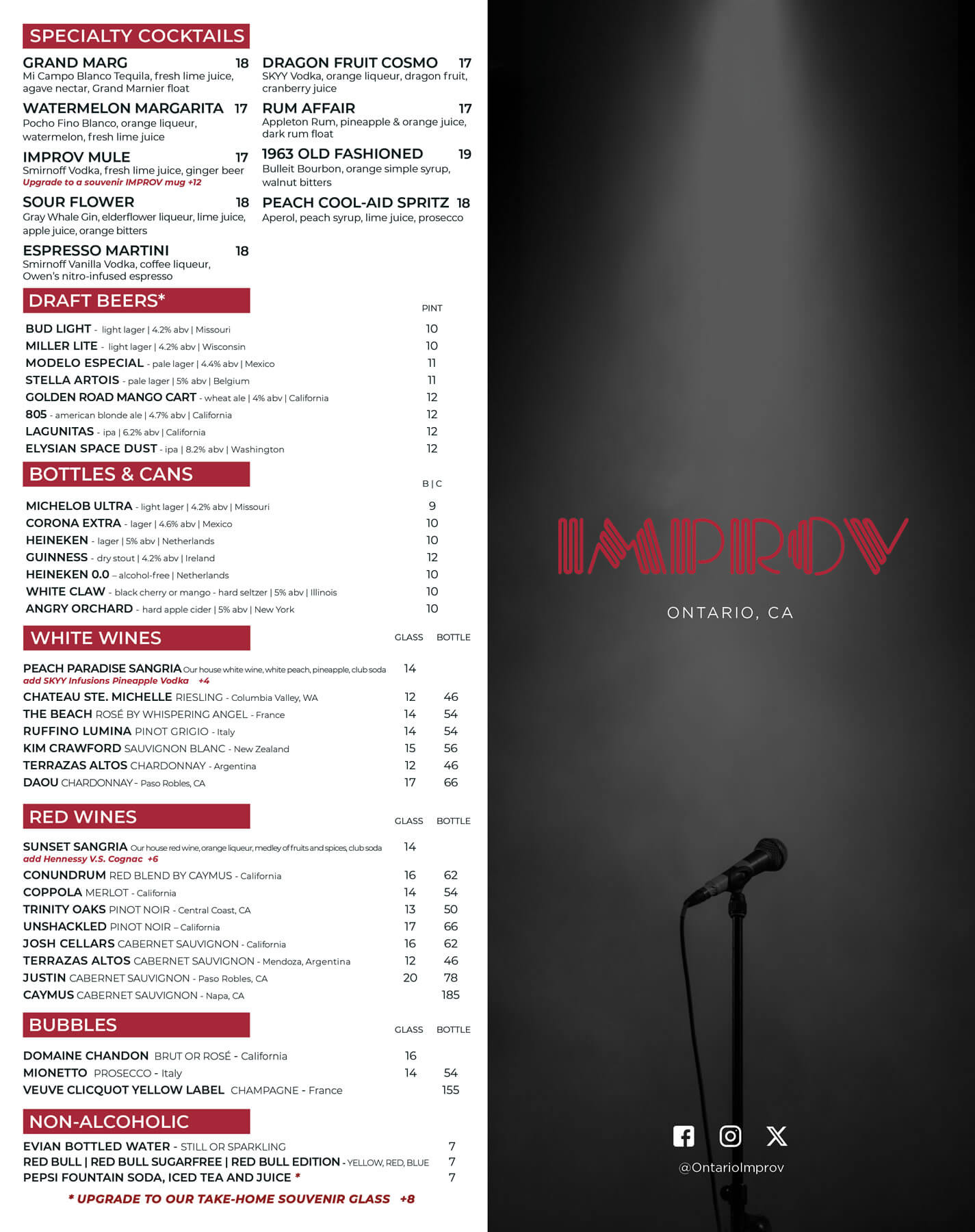 Ontario Improv Food Drinks Menu