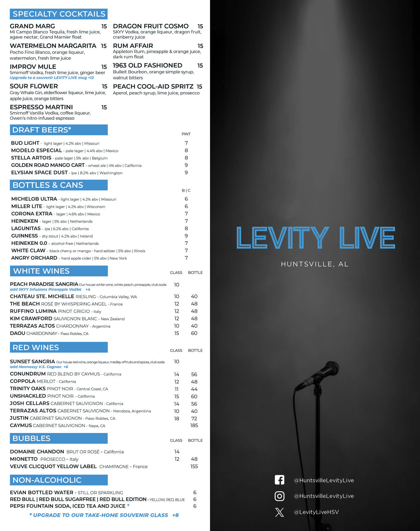 Huntsville Levity Live Drinks Menu