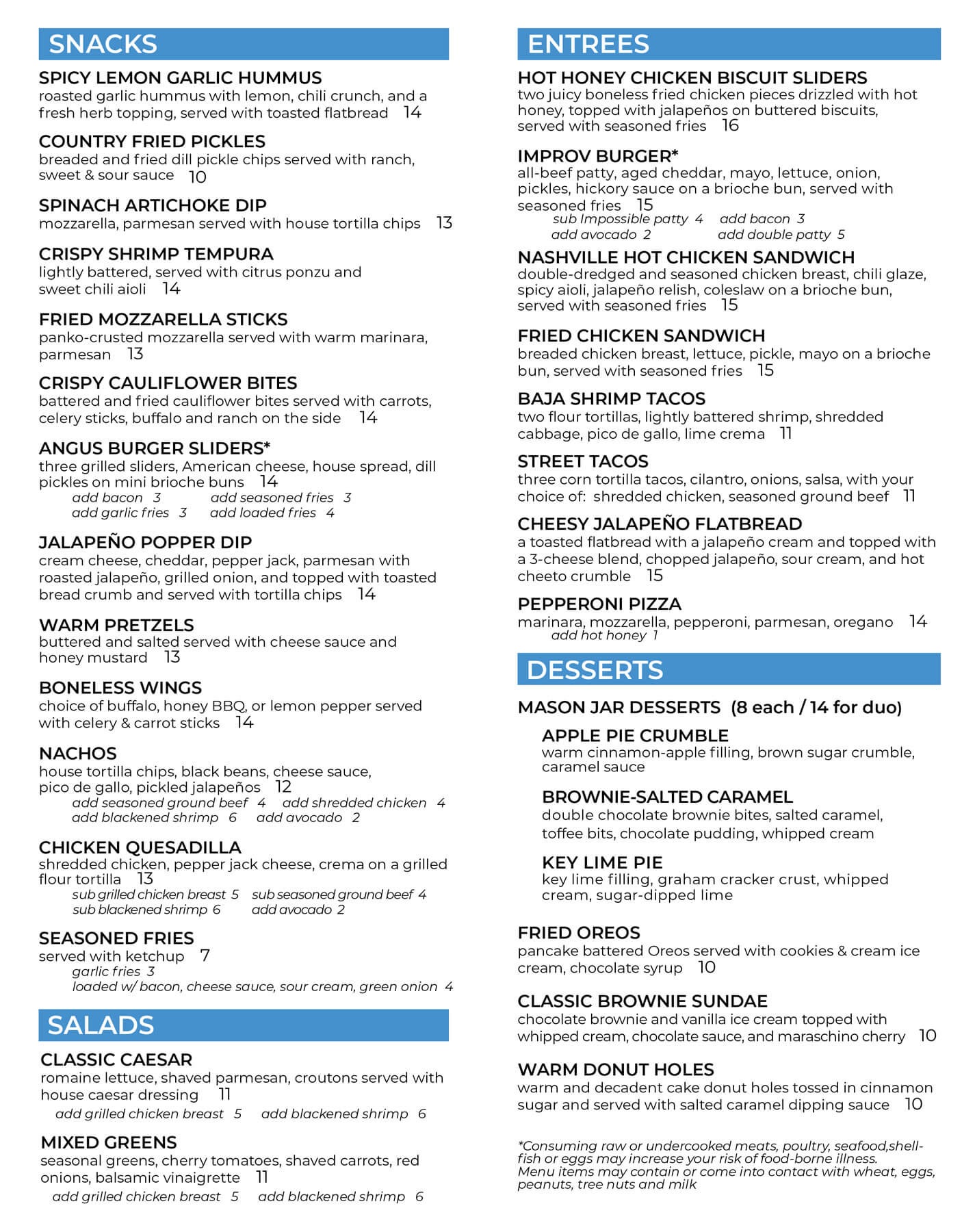 Huntsville Levity Live Food Menu