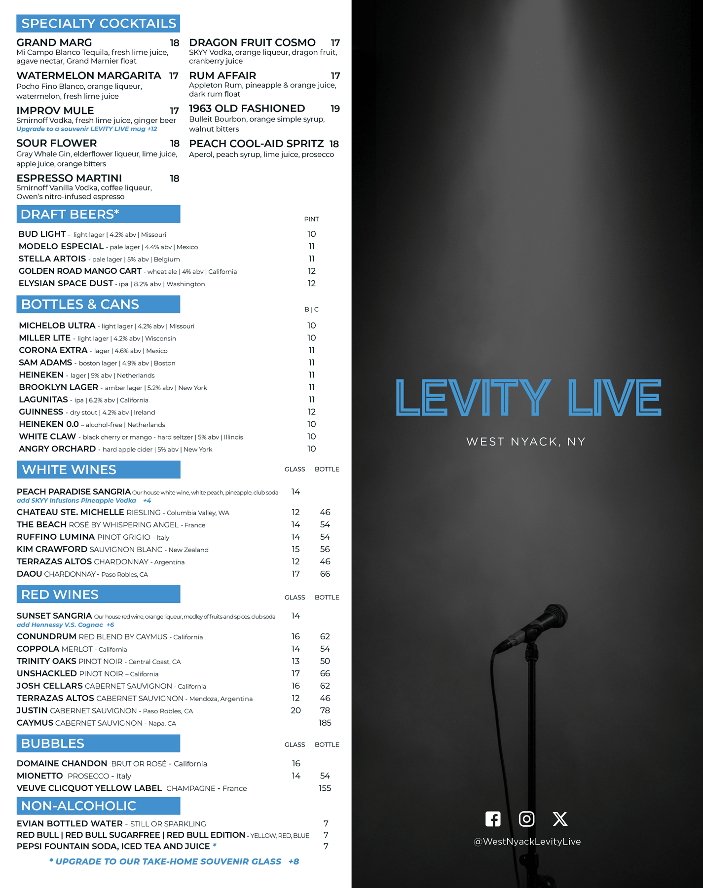 Nyack Levity Live Drinks Menu