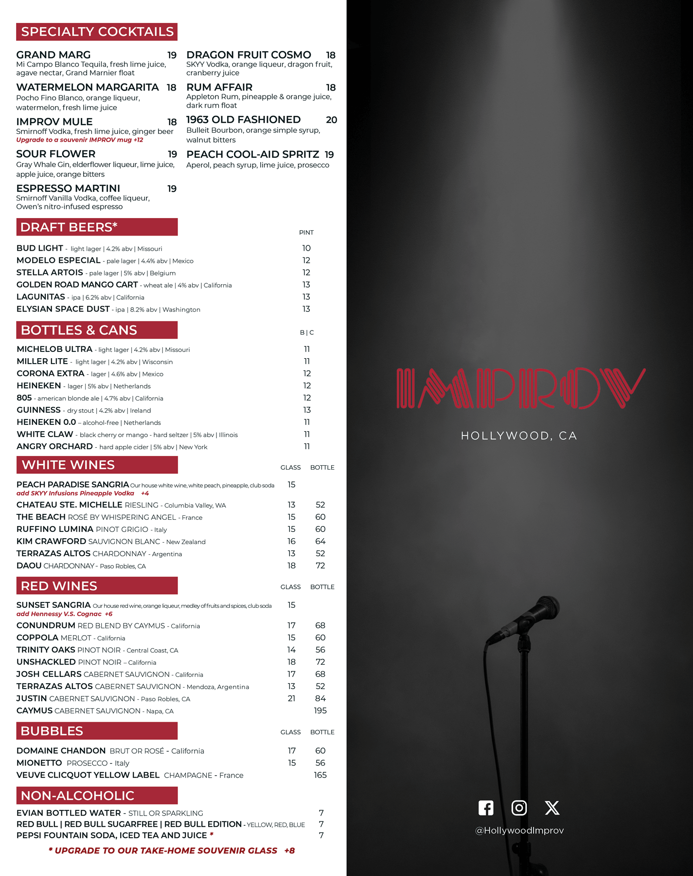 Hollywood Improv Drinks Menu