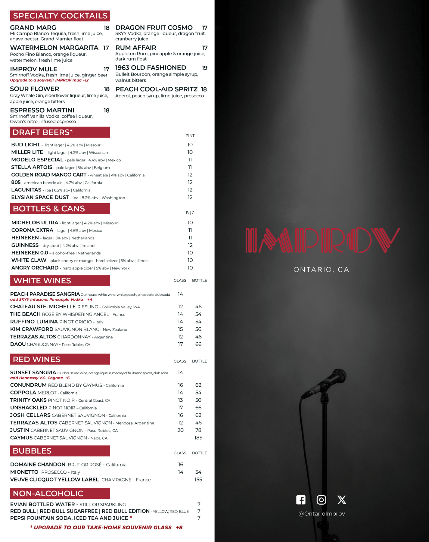 Ontario Improv Food Drinks Menu