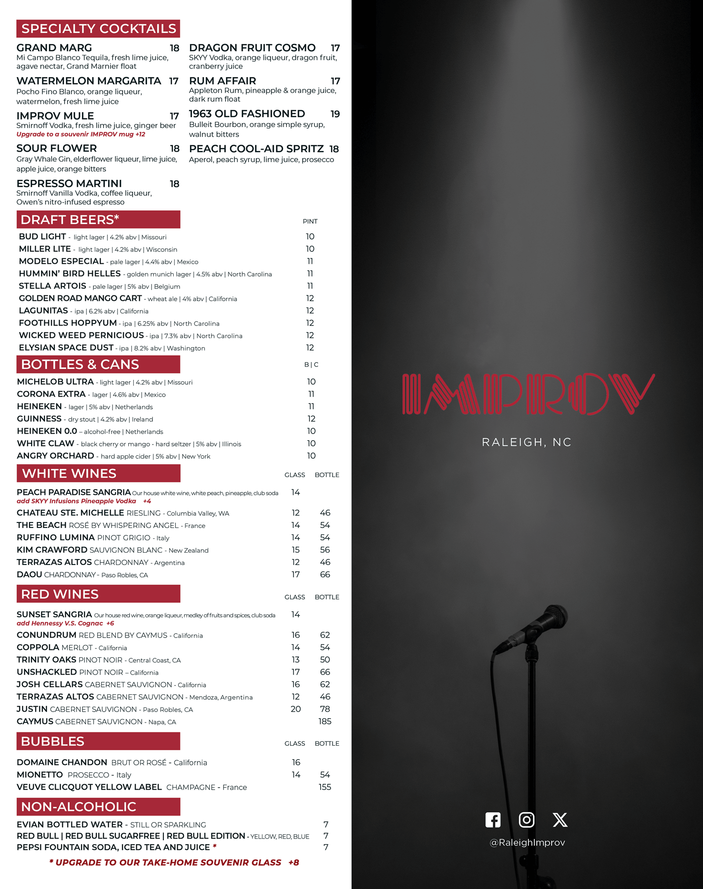 Raleigh Improv Drinks Menu