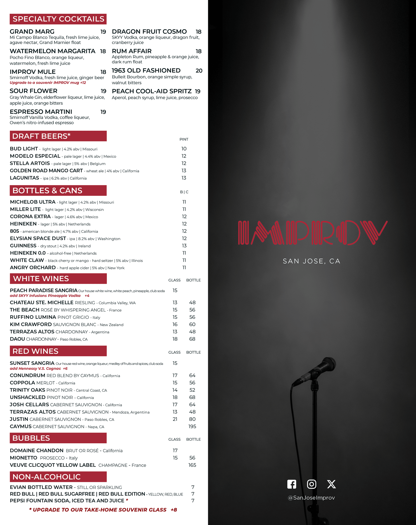 San Jose Improv Drinks Menu