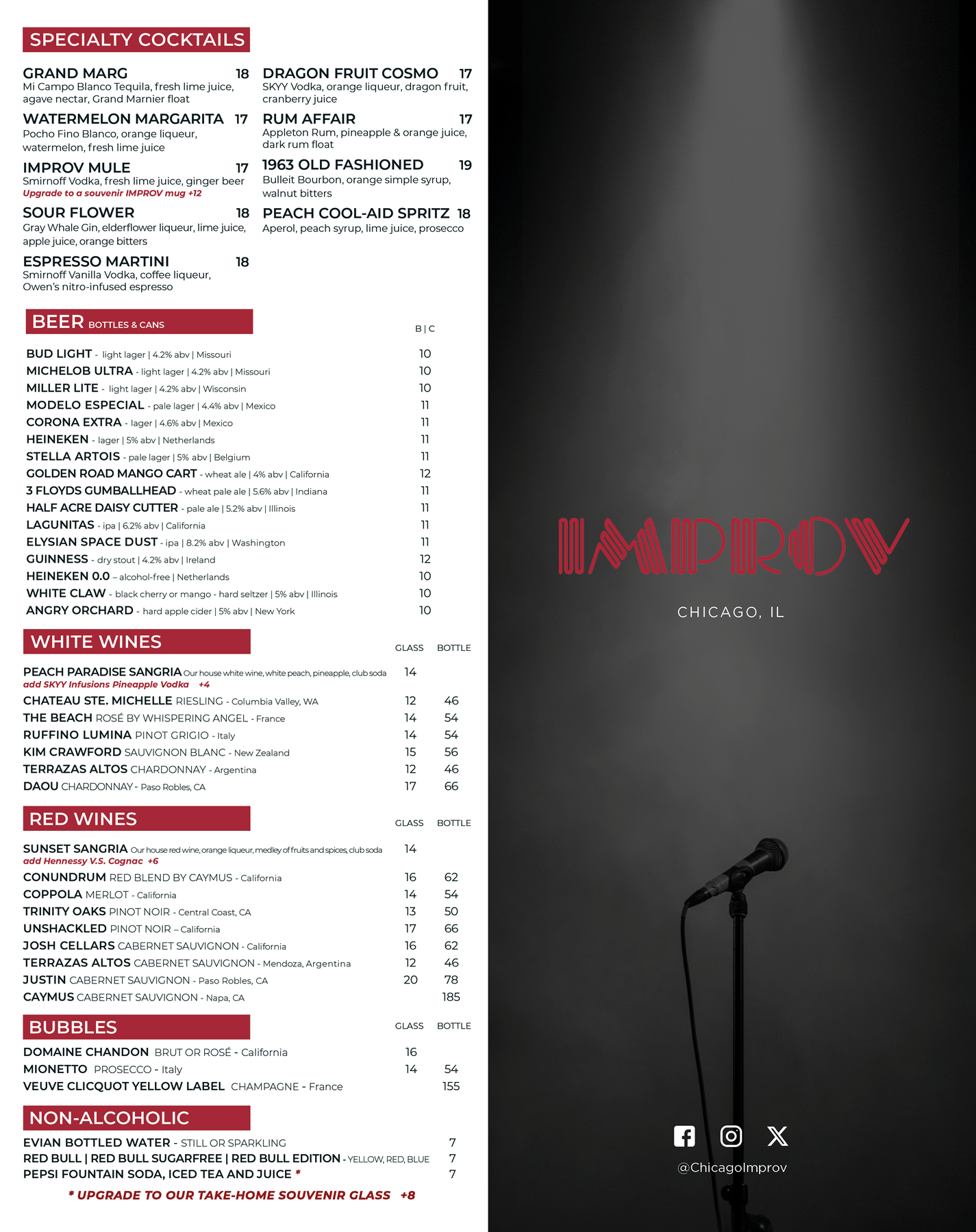 Chicago Improv Drinks Menu